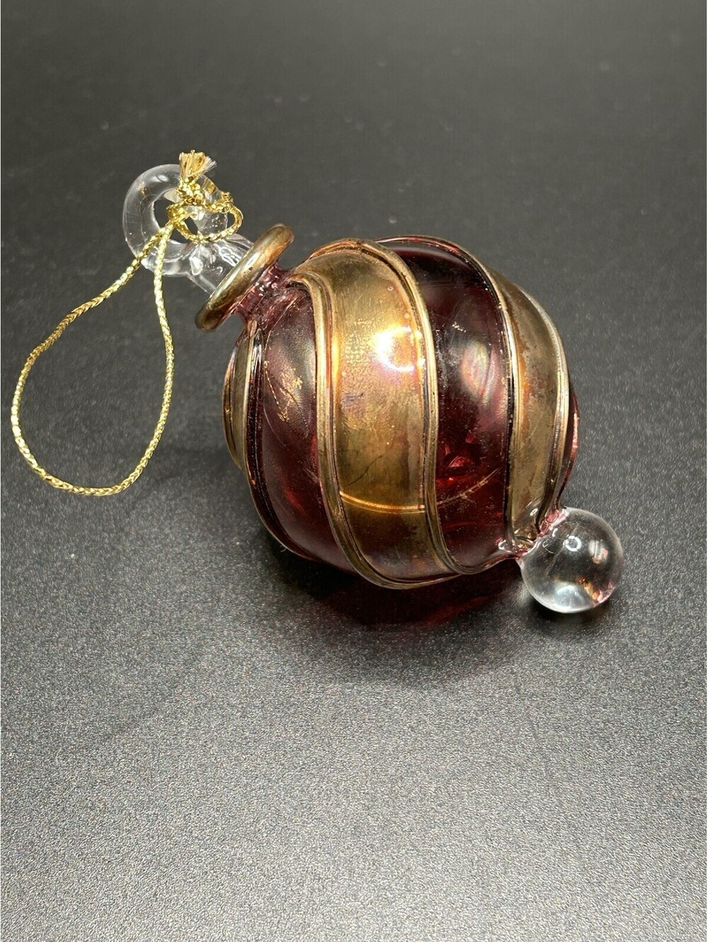 Vintage Egypt 3” Glass Mouth Blown Ornament Cranberry and Gold  1990’s